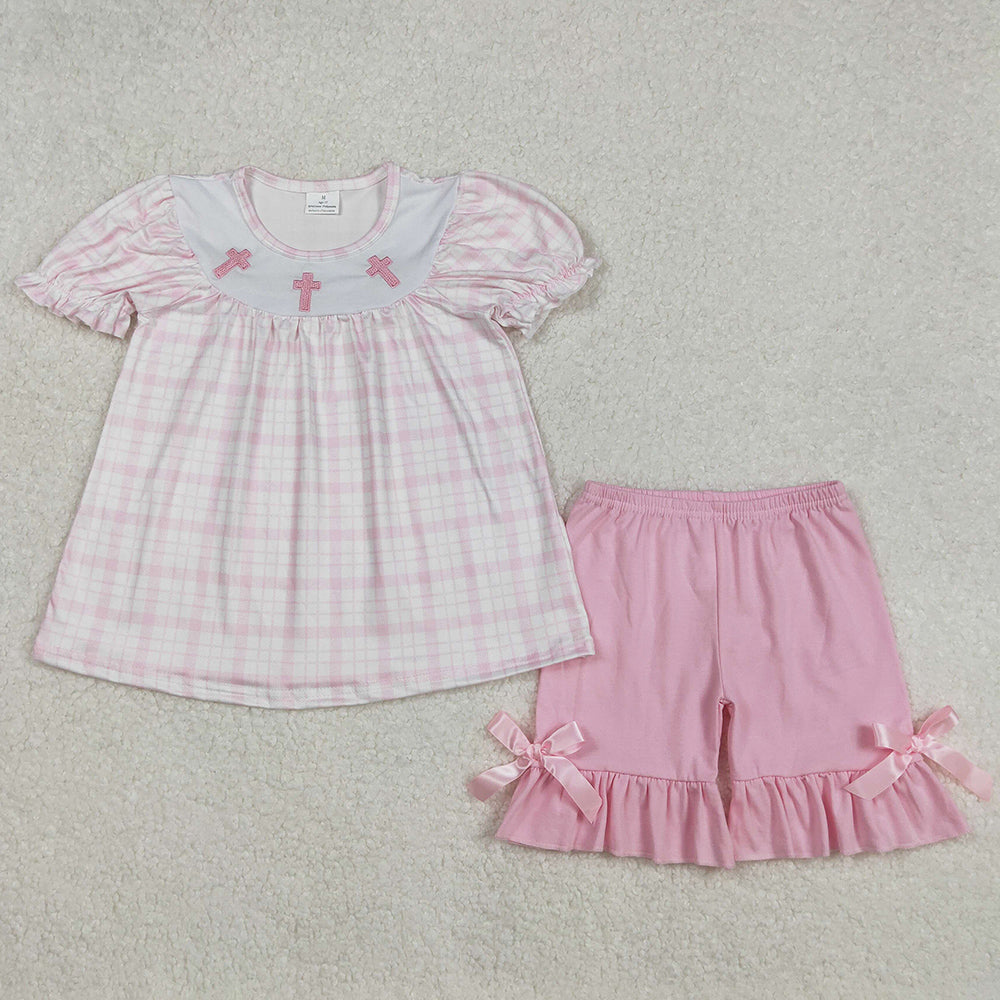 Embroidery Baby Boys Clothes Blue Easter Cross Shirts Checkered Shorts Sets GSSO1855 BSSO1234 3.8