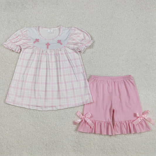 Embroidery Baby Boys Clothes Blue Easter Cross Shirts Checkered Shorts Sets GSSO1855 BSSO1234 3.8