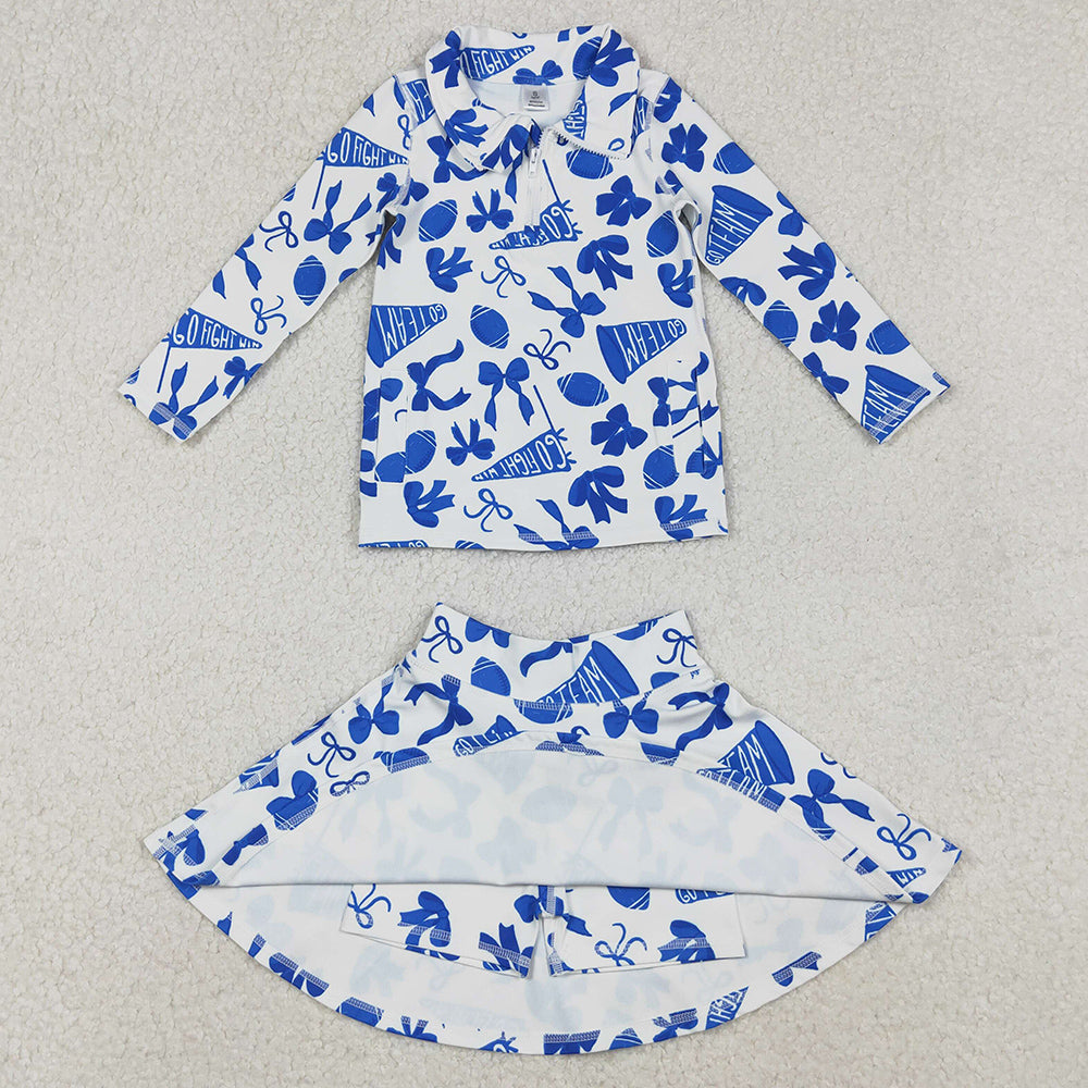 Baby Girls Clothes Blue Bows Go Team Zipper Pullovers Skirts Shorts Yoga Active Clothes Set GLD1283 11.1