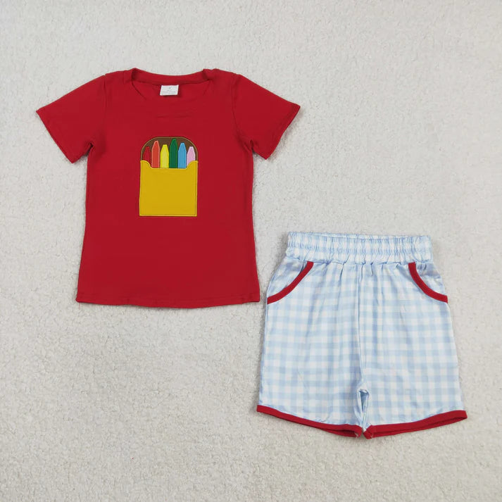 Sibling Baby Boys Girls Embroidery Apple Pencils Pockets Short Back to School Sets