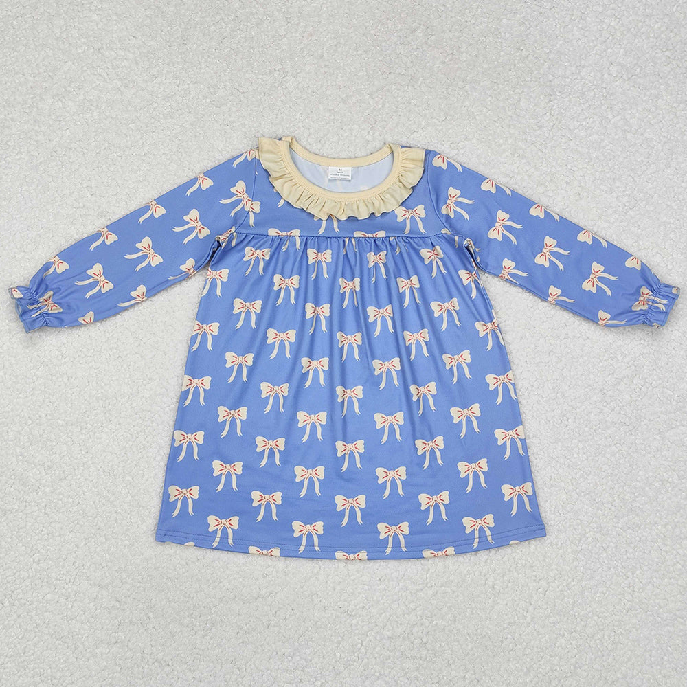 Baby Girls Dress Blue Bows Ruffle Knee Length Dresses GLD0897