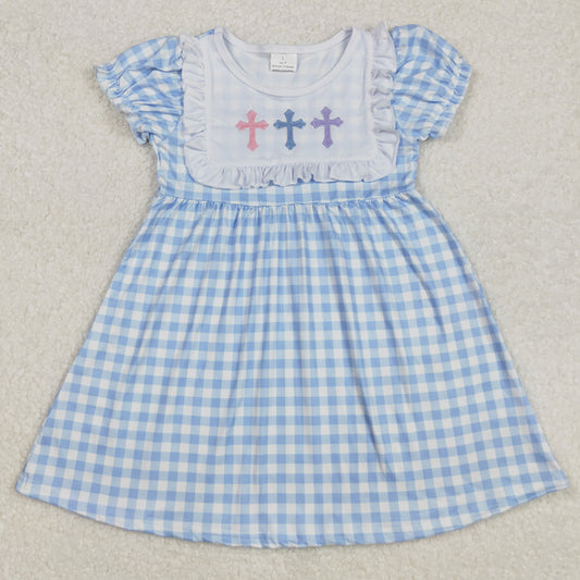 Baby Girls Dress Easter Blue Checkered Cross Embroidery Knee Length Dresses GSD1522 3.1
