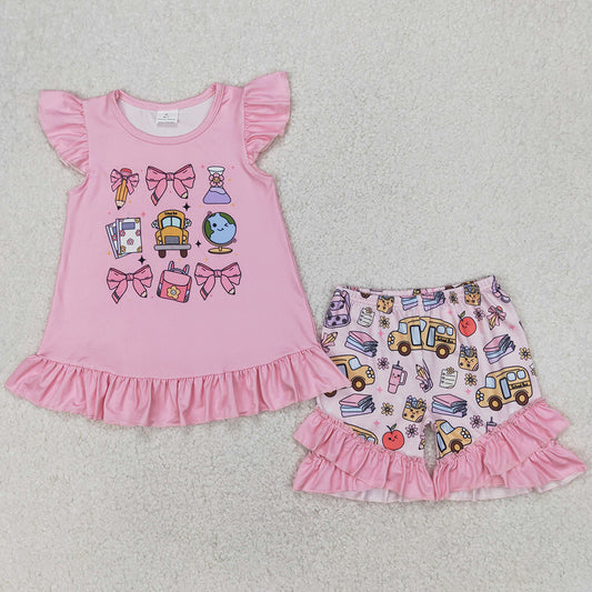 Baby Girls Clothes Pencil Pink Bow Back To School Tunic Ruffle Shorts Sets GSSO1910 4.2