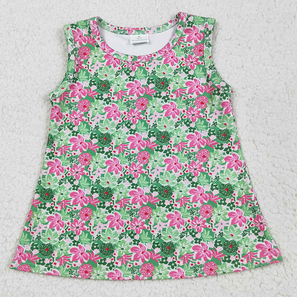 Baby Girls T-shirts Sleeveless Green Pink Floral Yoga Shirts Top Preorder GT1015 5.21