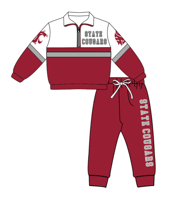 Preorder (moq 5)Baby Boys State Cougars Zipper Pullover Jogger Pants Team Clothes Set 1.6