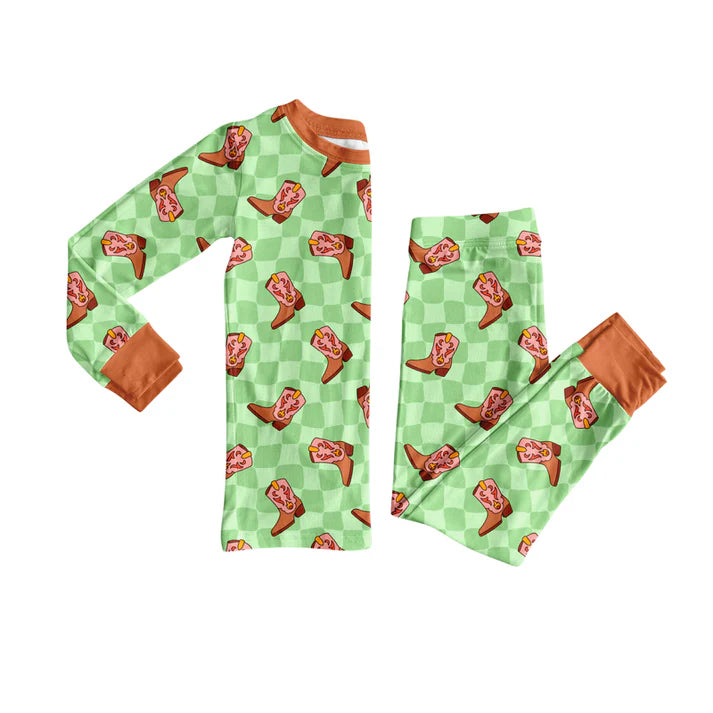 Preorder(moq 5) Baby Boys Green Checkered Boots Top Pants Lounge Wear Pajamas Sets 8.8