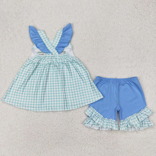 Baby Girls Clothes Green Fishes Embroidery Straps Tunic Top Ruffle Shorts Sets GSSO2148 3.19