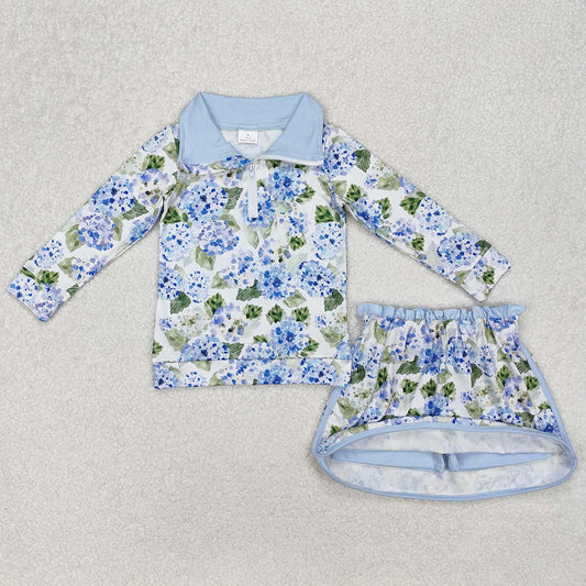 Baby Girls Clothes Blue Flowers Athletic Active Wear Top Shorts Skirts Clothes Sets GLD1016 3.11