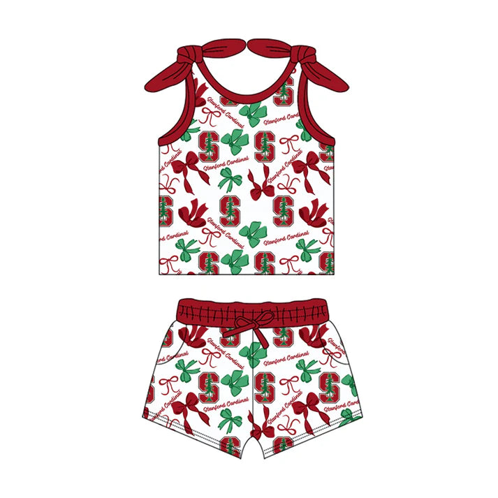 Preorder MOQ 5 pcs sleeveless S red bow top shorts girls team clothes 8.23