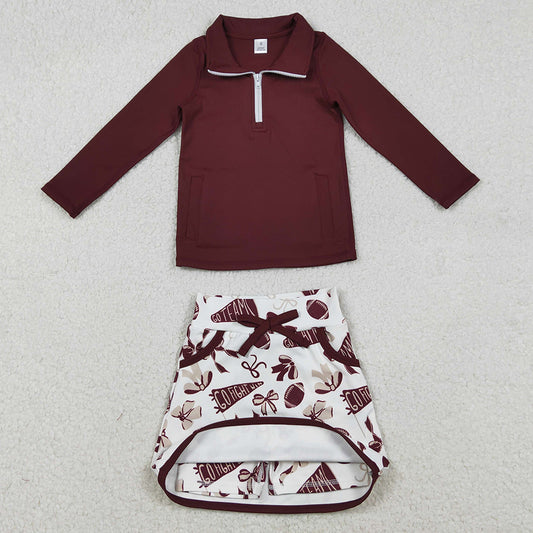 Baby Girls Clothes Dark Red Pullovers Bow Football Pockets Skirt Shorts Go Team Yoga Active Clothes Set GLD1384 12.5