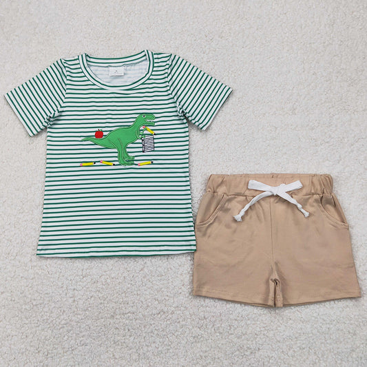Baby Boys Clothes Back to School Stripe Dinosaur Embroidery Top Pockets Shorts Sets BSSO1416