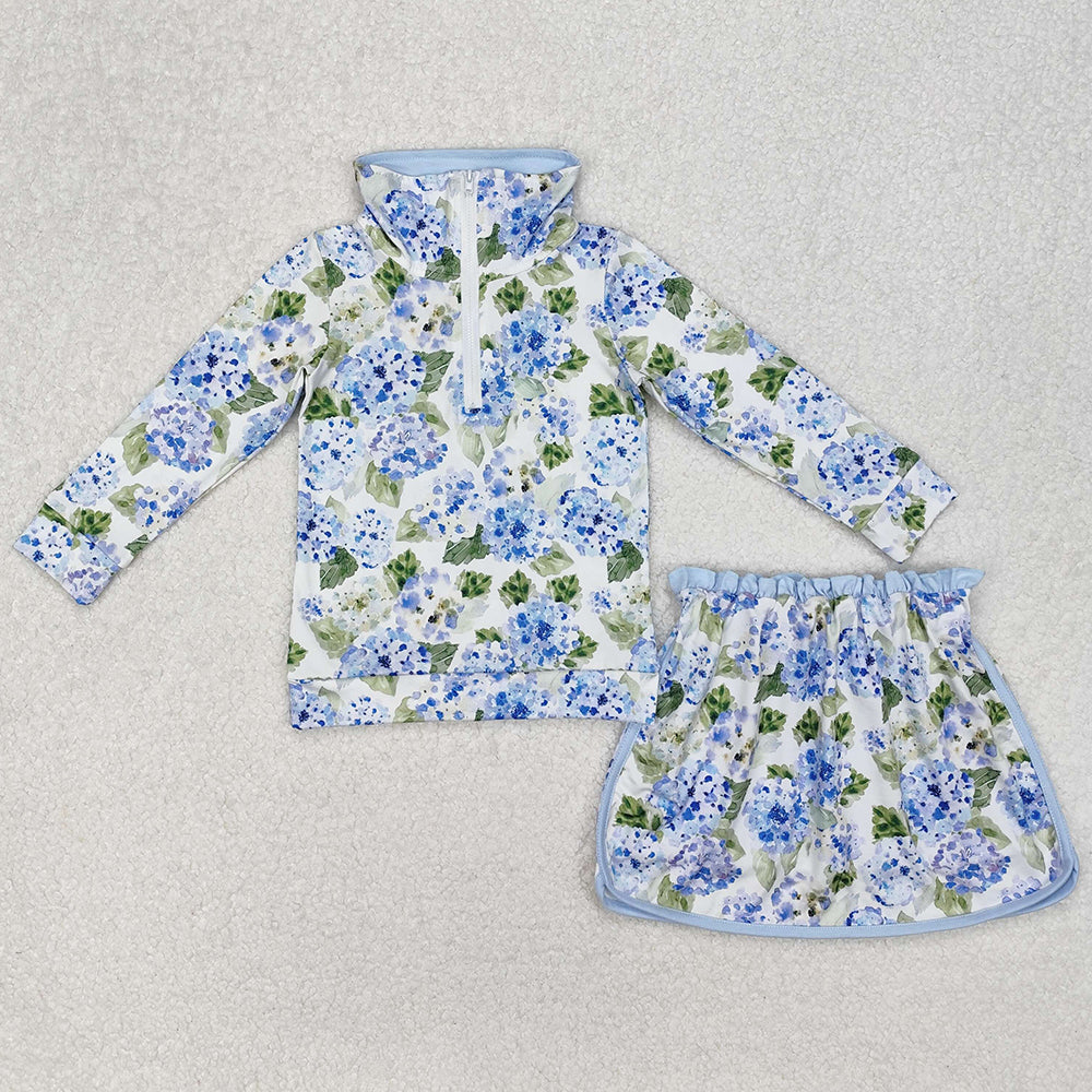 Baby Girls Clothes Blue Flowers Athletic Active Wear Top Shorts Skirts Clothes Sets GLD1016 3.11