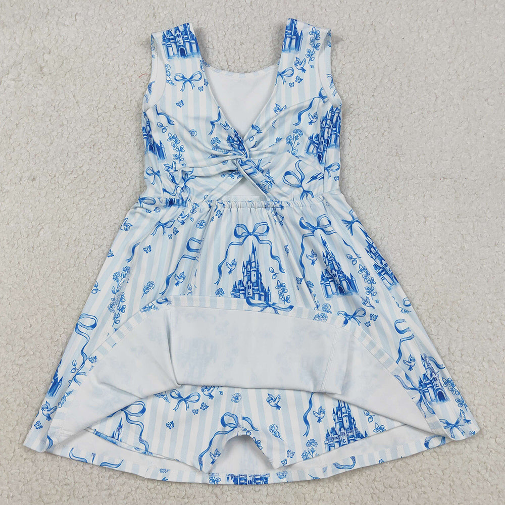 Baby Girls Dress Blue Bows Castles Checked Yoga Active Shorts Knee Length Dresses GSD3068 12.3