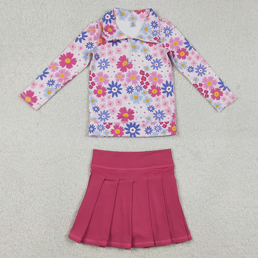 Baby Girls Clothes Daisy Flowers Zipper Pullovers Hot Pink Pleated Skirt Shorts Yoga Active Clothes Set GLD1418 12.9