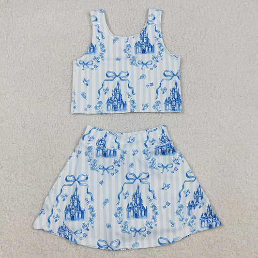 Baby Girls Clothes Blue Castles Bows Top Skirt Shorts Yoga Active Clothes Set GSD3067 12.10