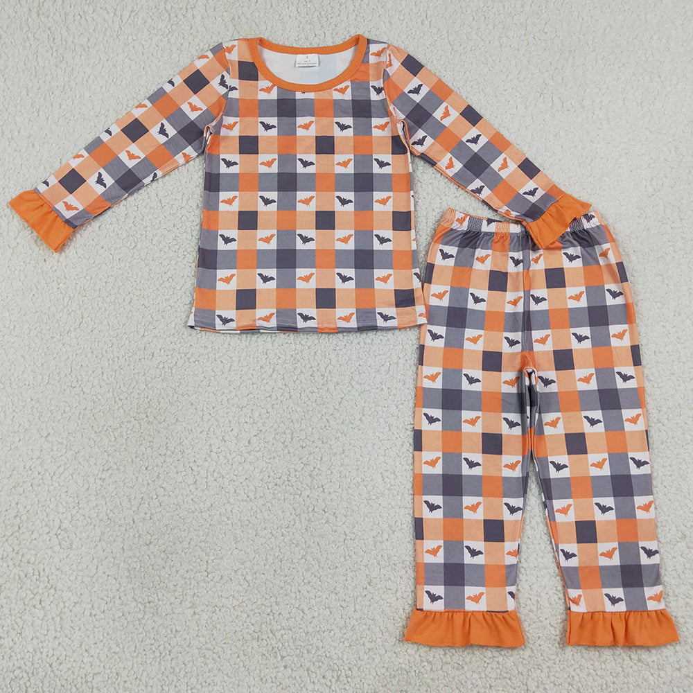 Baby Girls Pajamas Bats Checked Tops Ruffle Pant Halloweens Pajamas Sets GLP3533