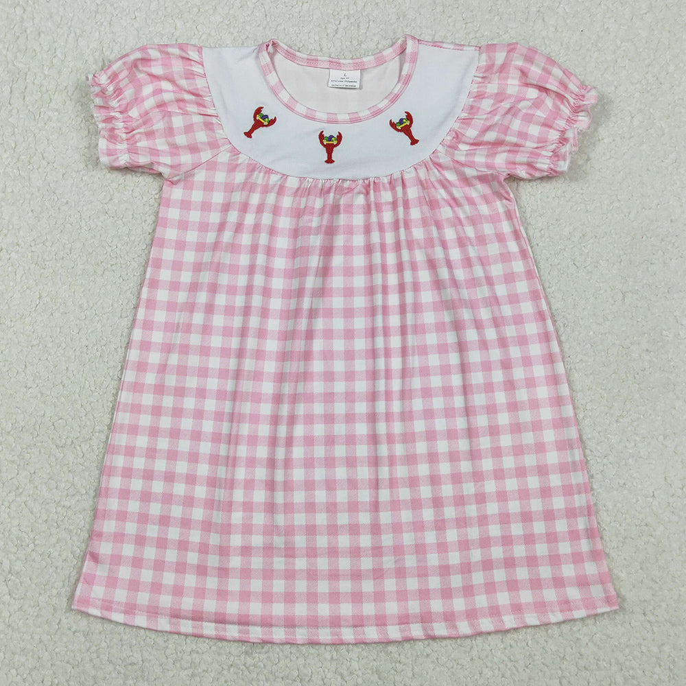 Baby Girls Dress Embroidery Crayfishes Pink Checked Knee Length Dresses GSD2853 11.7