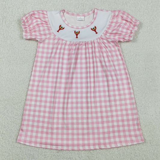 Baby Girls Dress Embroidery Crayfishes Pink Checked Knee Length Dresses GSD2853 11.7