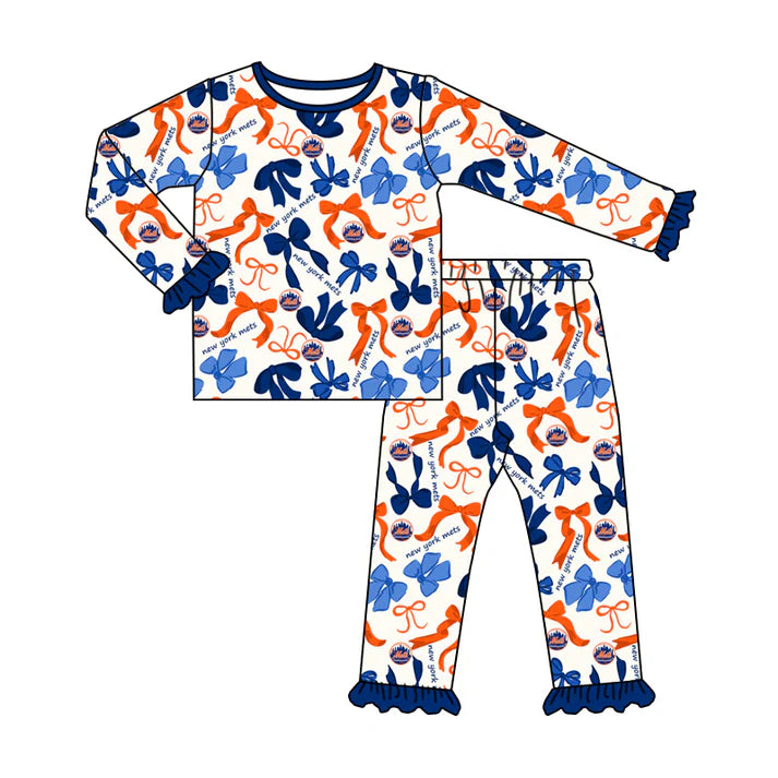 Preorder MOQ 5 Long sleeves orange blue bow kids girls team pajamas 8.27