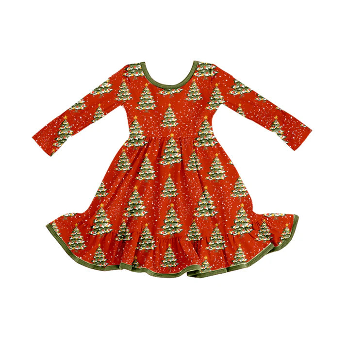 Preorder (moq 5)Baby Girls Christmas Trees Red Ruffle Knee Length Dresses 8.8