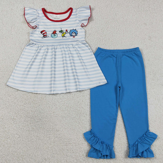 Baby Girls Clothes Blue Stripe Mr Reading Tunic Ruffle Pants Clothes Sets GSPO2136