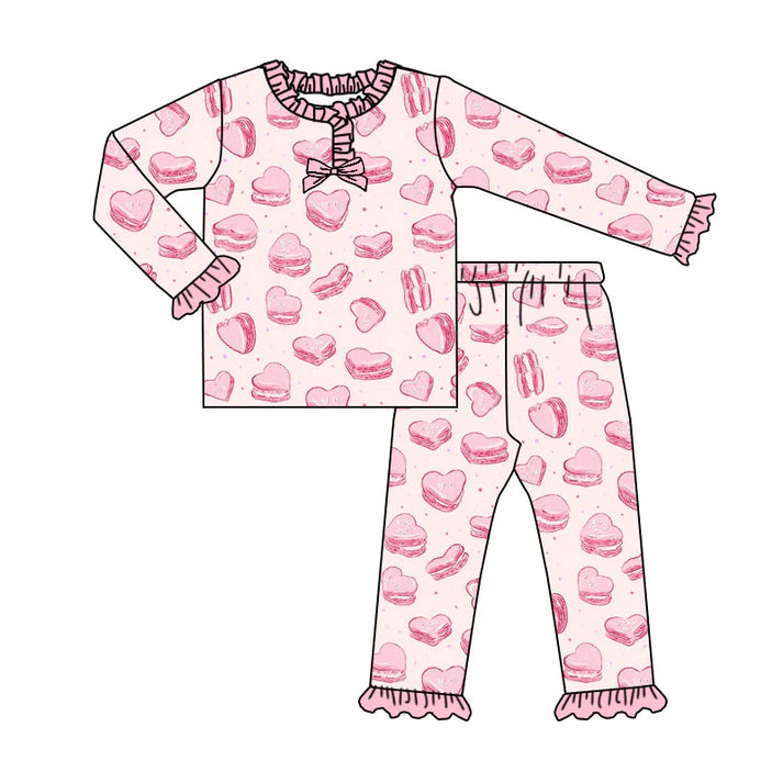 Preorder (moq 5)Baby Girls Pink Hearts Cookie Top Ruffle Pants Valentine Pajamas Sets 9.4