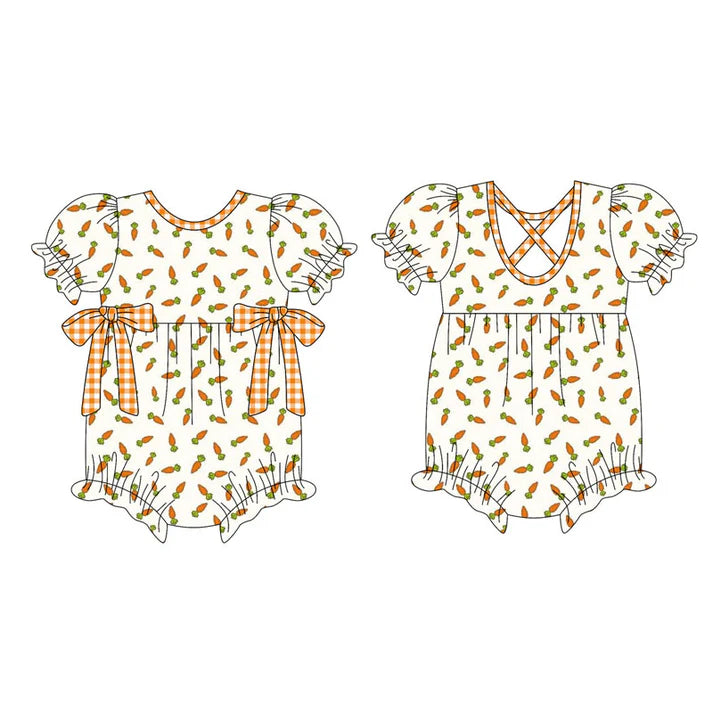 Preorder (moq 5)Baby Girls Short Ruffle Sleeve Carrots Bows Easter Rompers 10.16