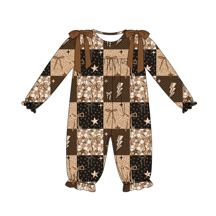 Preorder (moq 5)Baby Girls Brown Long Sleeves Flowers Bows Plaid Ruffle Pant Romper 7.5