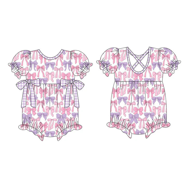 Preorder (moq 5)Baby Girls Short Ruffle Sleeve Pink Purple Bows Plaid Rompers 10.16