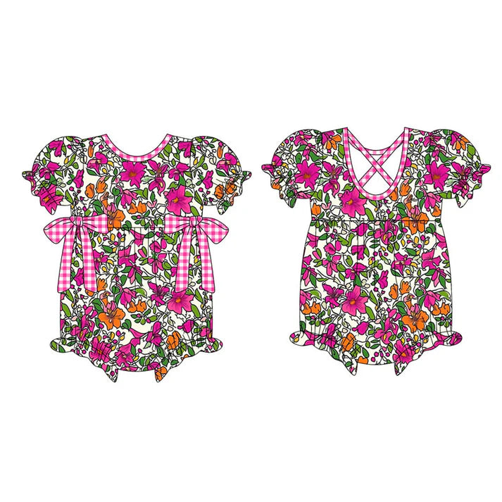 Preorder (moq 5)Baby Girls Short Ruffle Sleeve Hot Pink Floral Bows Rompers 10.16