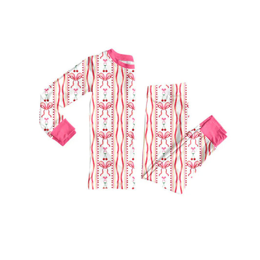 Preorder(moq 5) Baby Girls Pink Bows Cherry Stripe Top Pants Valentine Pajamas Sets 10.17