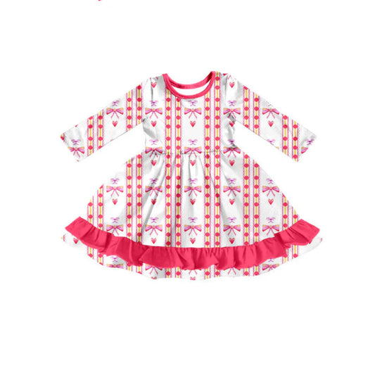 Preorder(moq 5) Baby Girls Pink Bows Hearts Stripe Valentine Ruffle Knee Length Dresses 10.17