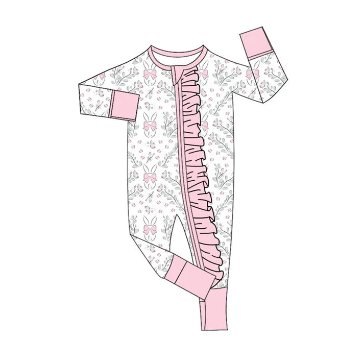 Preorder (moq 8)Baby Girls Pink Flowers Rabbits Easter Ruffle Zipper Footie Rompers 9.16