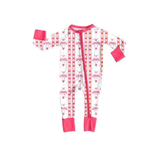 Preorder (moq 5)Baby Girls Pink Bows Hearts Stripe Valentine Zipper Footie Rompers 10.17