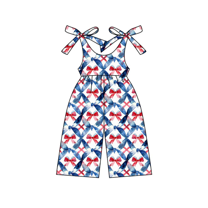 Preorder (moq 5)Baby Girls Strap Blue Red Bows 4th Of July Jumpsuits 4.25