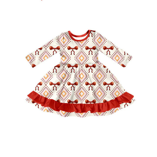 Preorder(moq 5) Baby Girls Orange Bows Aztec Plaid Western Ruffle Knee Length Dresses 10.17