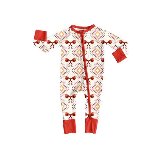 Preorder (moq 5)Baby Girls Orange Bows Aztec Plaid Western Zipper Footie Rompers 10.17