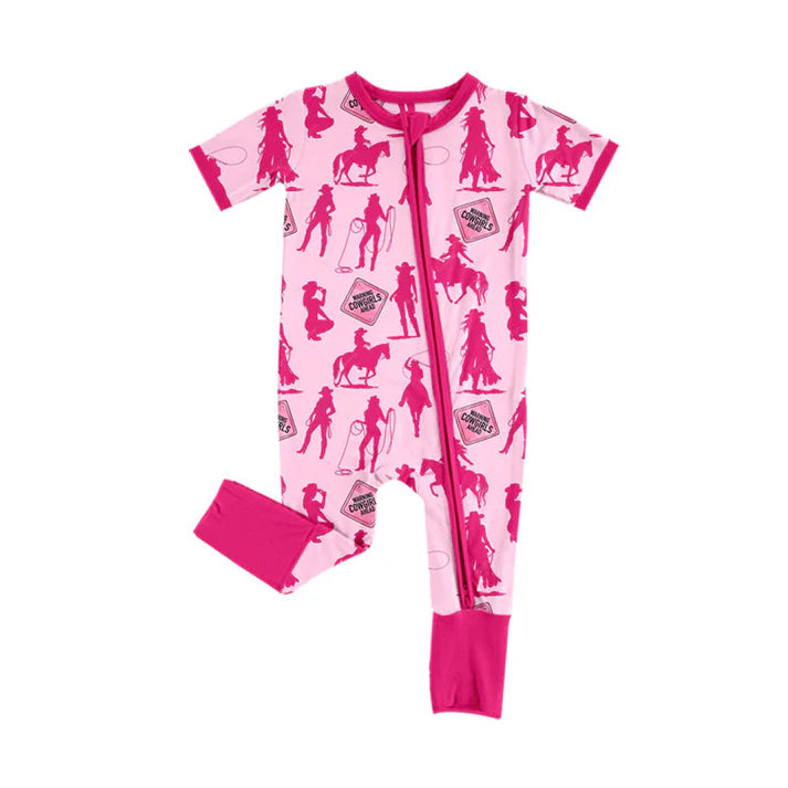 Preorder (moq 5)Baby Girls Hot Pink Horse Rodeos Western Zipper Footie Rompers 10.18