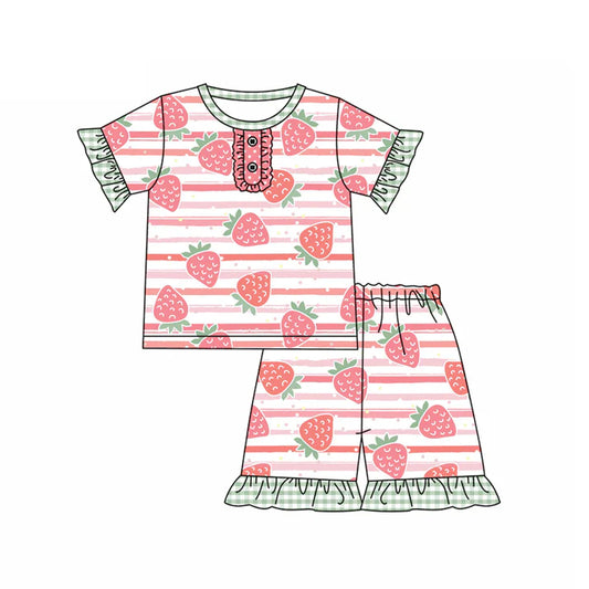 Preorder (moq 5)Baby Girls Short Ruffle Sleeves Button Pink Stripe Strawberry Top Short Pajamas Set 5.14