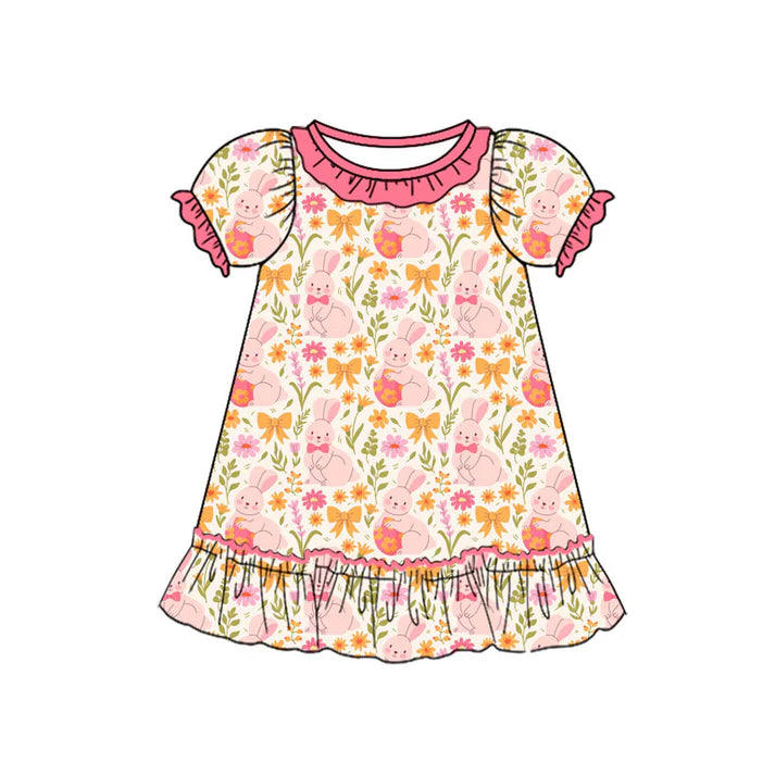 Preorder(moq 8)Baby Girls Rabbits Flowers Bows Easter Ruffle Knee Length Dresses 9.27