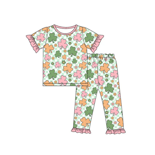 Preorder(moq 5) Baby Girls Clovers Flowers Checked Top Ruffle Pants St Patrick Pajamas Sets 10.18