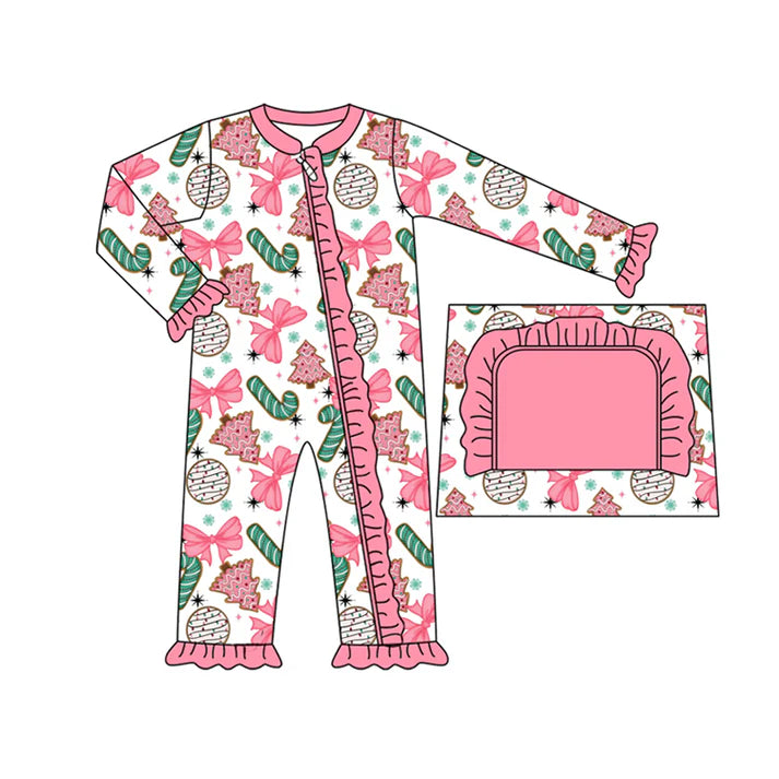 Preorder(moq 5)Baby Girls Long Sleeves Pink Bows Candy Cane Plaid Ruffle Zipper Rompers 7.25