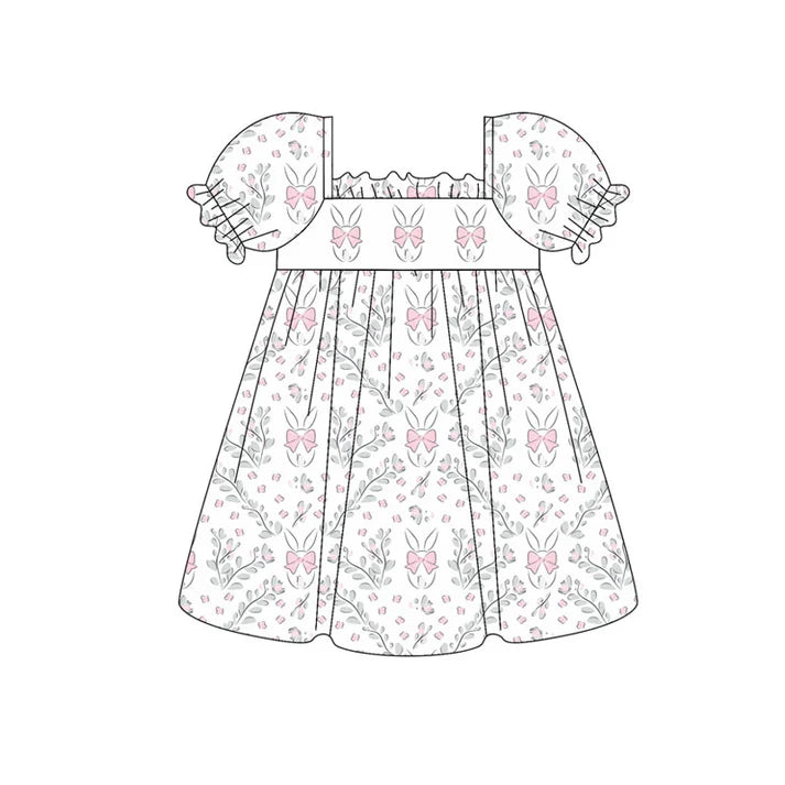 Preorder (moq 8)Baby Girls Pink Flowers Rabbits Easter Knee Length Dresses 9.16