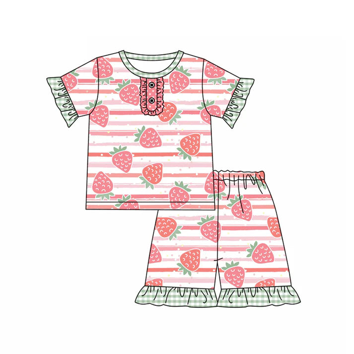 Preorder (moq 5)Baby Girls Short Ruffle Sleeves Button Pink Stripe Strawberry Top Short Pajamas Set 4.26