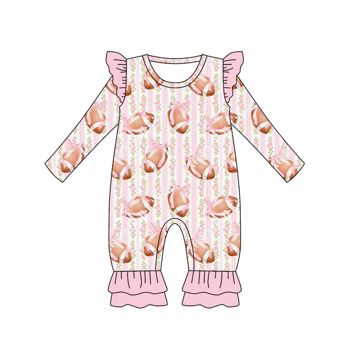 Preorder (moq 5)Baby Girls Long Sleeves Pink Bows Footballs Stripe Ruffle Pants Romper 7.5