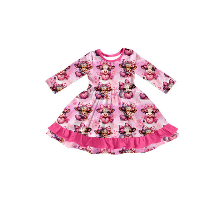 Preorder(moq 5) Baby Girls Pink Hearts Highland Cows Valentine Ruffle Knee Length Dresses 10.17