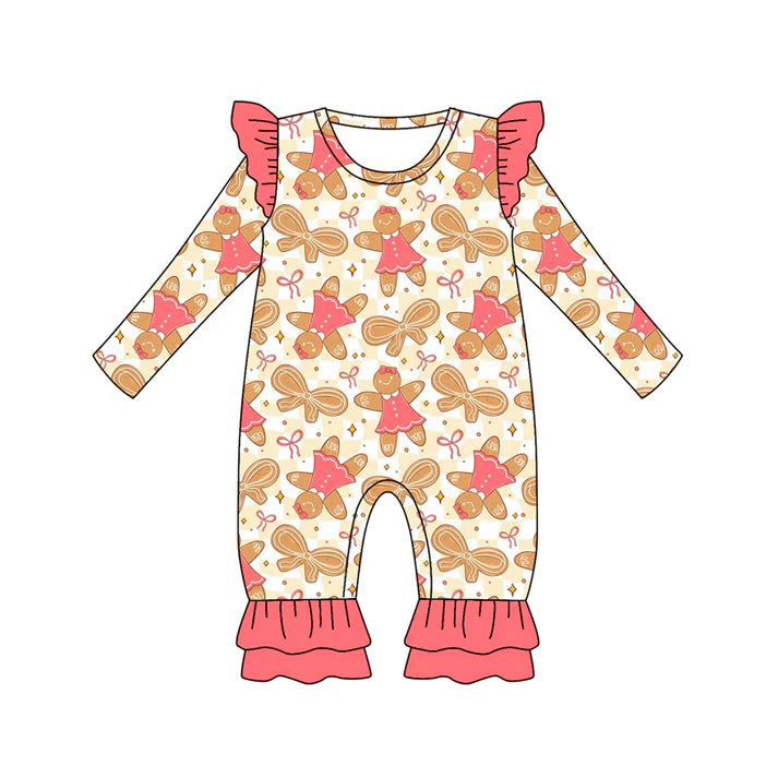 Preorder (moq 5)Baby Girls Long Sleeves Peach Bows Gingerbread Plaid Ruffle Pants Romper 7.5