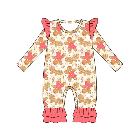 Preorder (moq 5)Baby Girls Long Sleeves Peach Bows Gingerbread Plaid Ruffle Pants Romper 7.5
