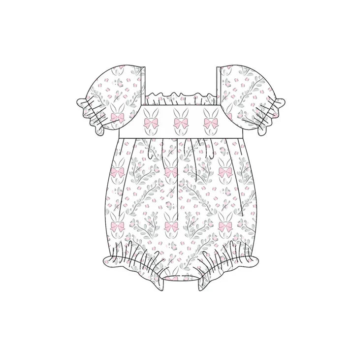 Preorder (moq 8)Baby Girls Pink Flowers Rabbits Easter Ruffle Footie Rompers 9.16