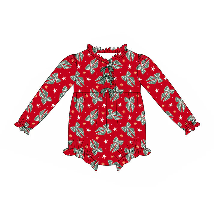 Preorder(moq 5)Baby Infant Girls Green Bows Stars Plaid Ruffle Christmas Rompers 7.30